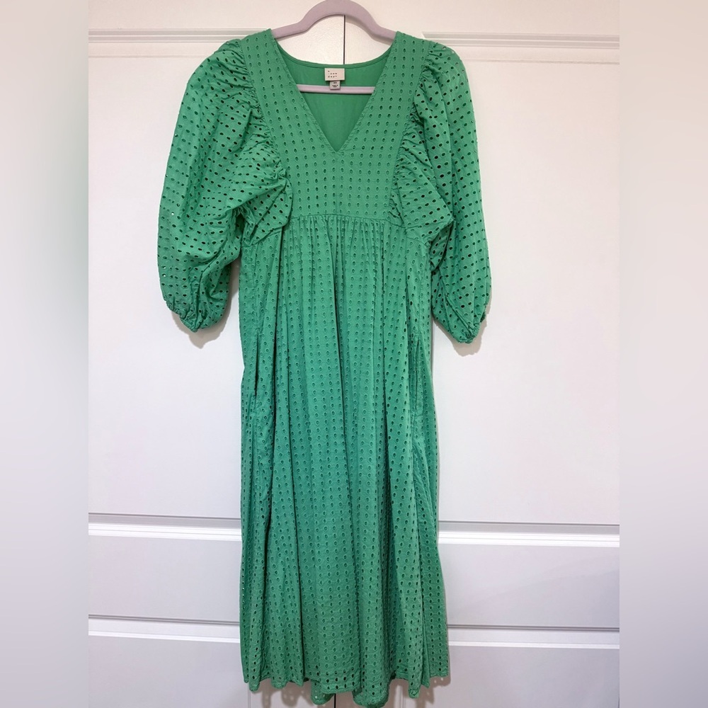 A New Day Green Eyelet %Cotton Midi Dress With Pockets Nwot